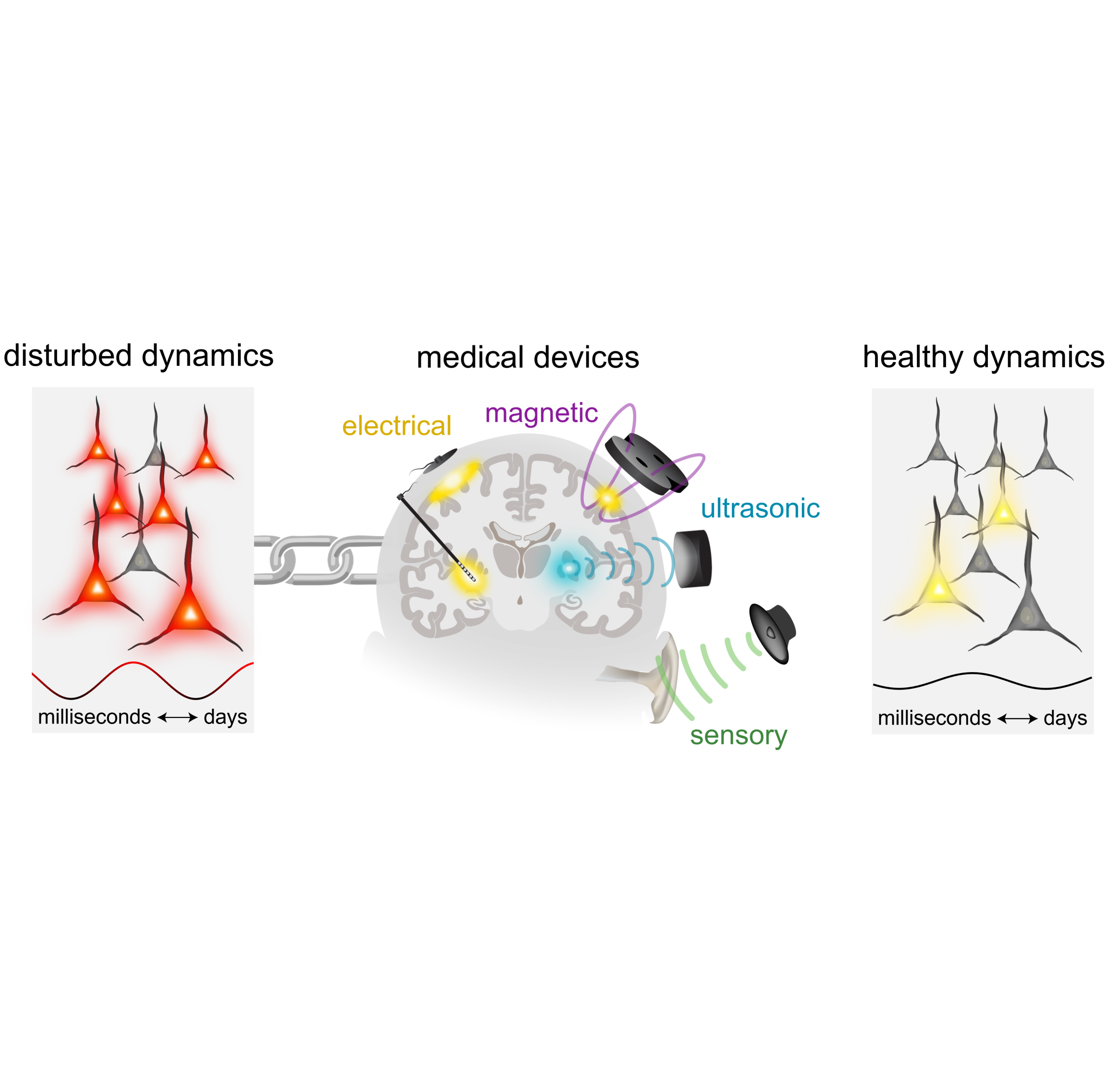 diagram representing disturbed dynamics on the left, medical devices in the middle, and healthy dynamics on the right