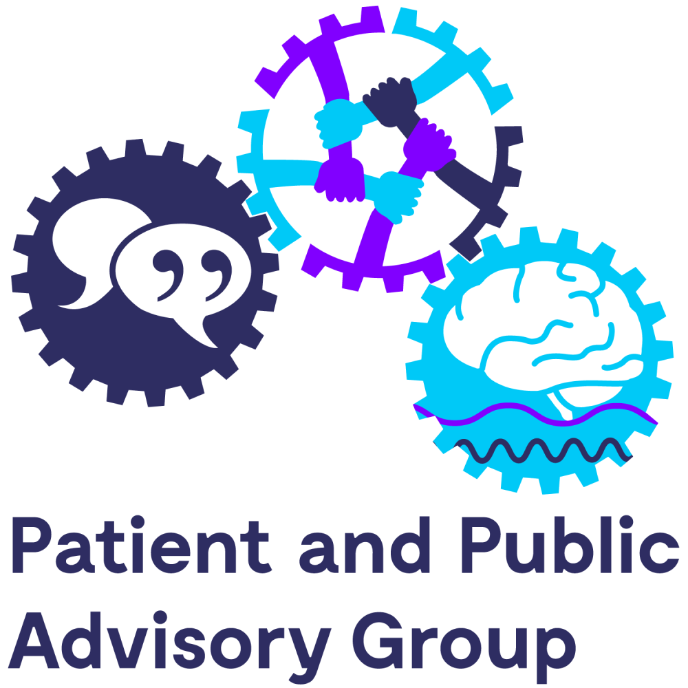 three cogs in a graphic with the text 'Patient and Public Advisory Group'- the first cog is speech bubbles, the second cog is made of arms of differetn coours holding each other, and the third contains a brain and two waves.